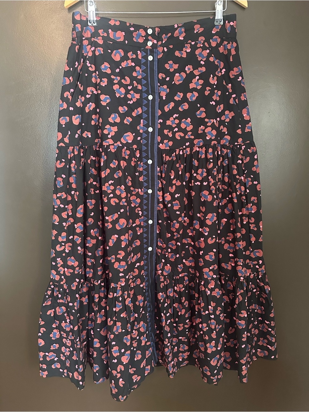 OLIPHANT Tiered Leopard Print Button Front 100% Maxi Midi Skirt Size Large